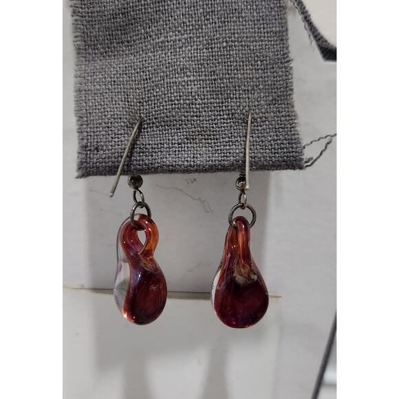 Red Blue Glass Teardrop Fish Hook Dangle Earrings Lightweight - Picture 2 of 4